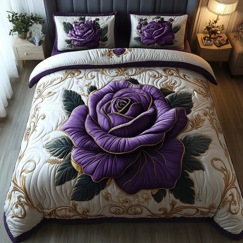 3dílná sada prošívaného povlečení - Fialová růže